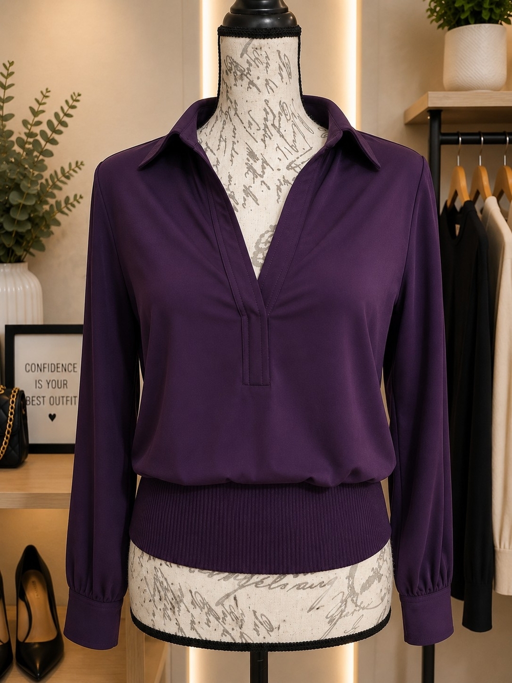 White House Black Market WHBM Women's Plum Surplice Blouse Medium Long Sleeve